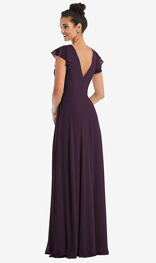 Back View - Aubergine Flutter Sleeve V-Keyhole Chiffon Maxi Dress