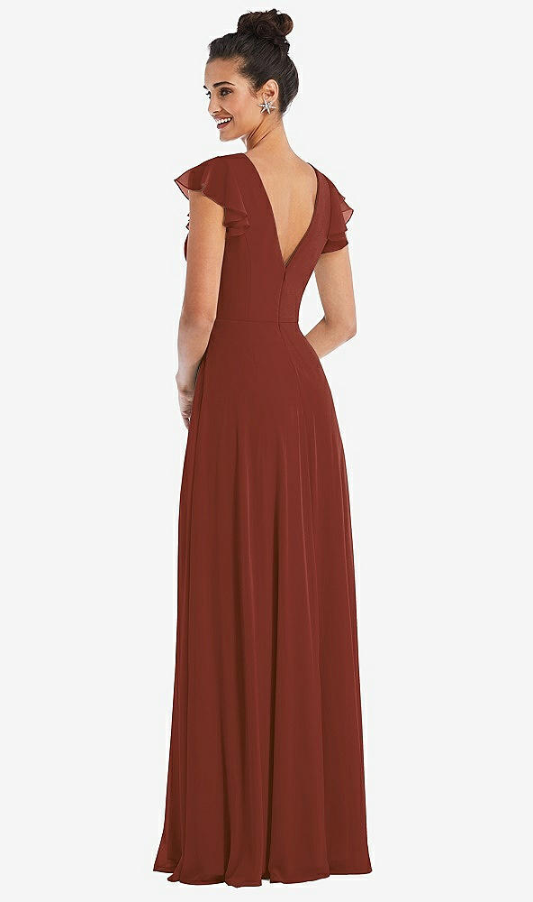 Back View - Auburn Moon Flutter Sleeve V-Keyhole Chiffon Maxi Dress