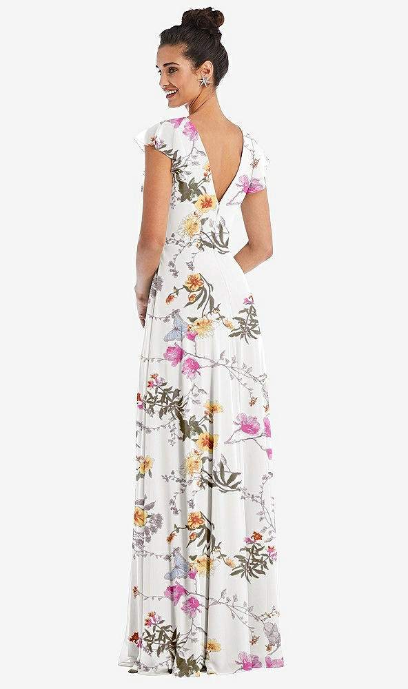 Back View - Butterfly Botanica Ivory Flutter Sleeve V-Keyhole Chiffon Maxi Dress