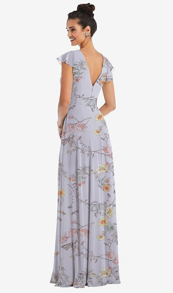 Back View - Butterfly Botanica Silver Dove Flutter Sleeve V-Keyhole Chiffon Maxi Dress