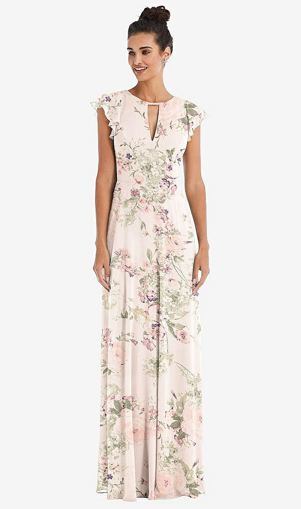 Front View - Blush Garden Flutter Sleeve V-Keyhole Chiffon Maxi Dress