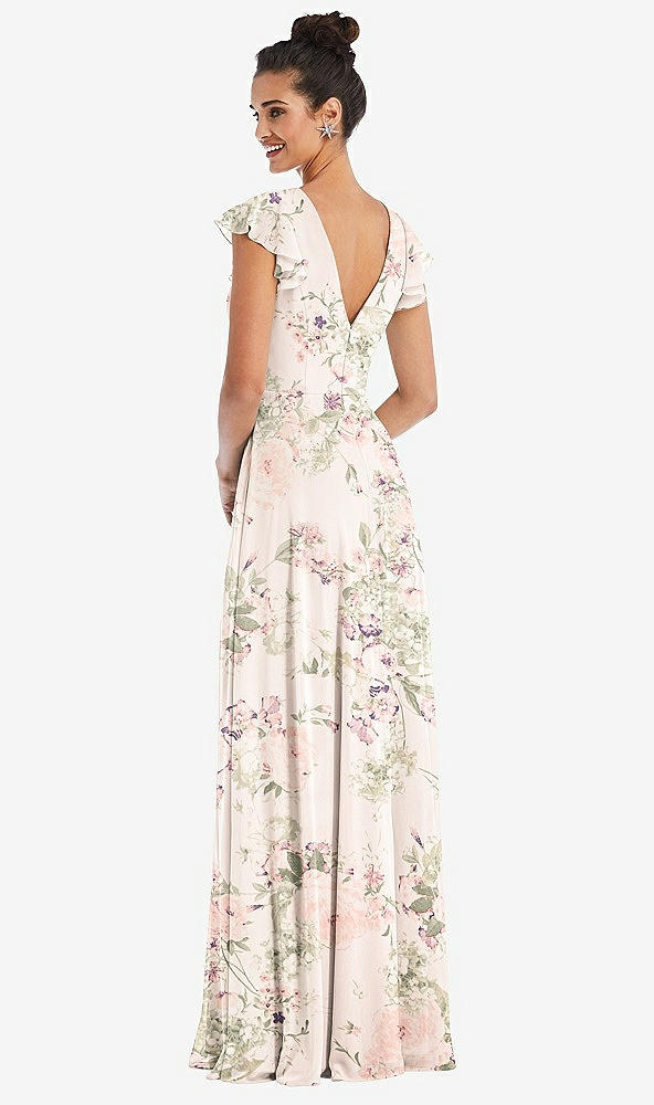 Back View - Blush Garden Flutter Sleeve V-Keyhole Chiffon Maxi Dress