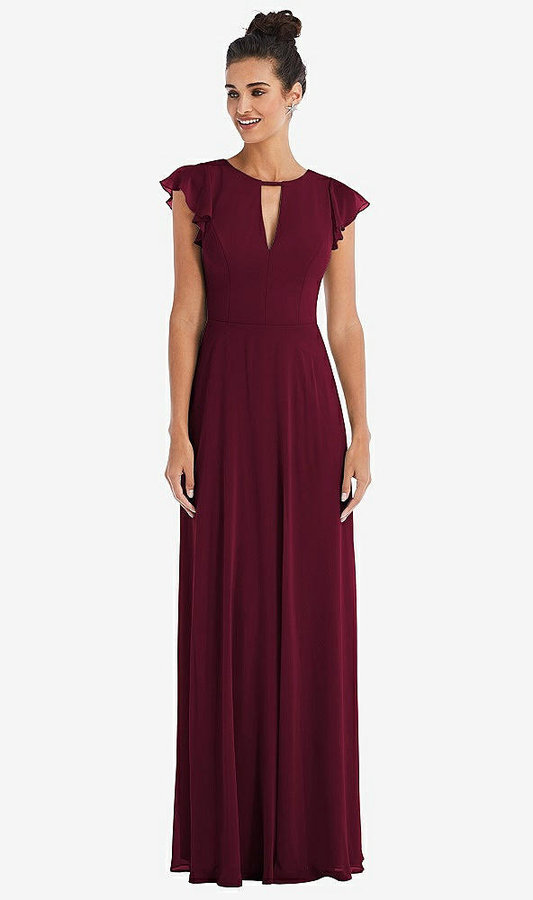 Front View - Cabernet Flutter Sleeve V-Keyhole Chiffon Maxi Dress