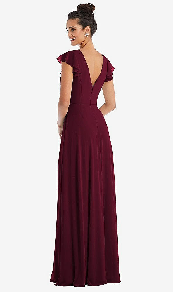 Back View - Cabernet Flutter Sleeve V-Keyhole Chiffon Maxi Dress