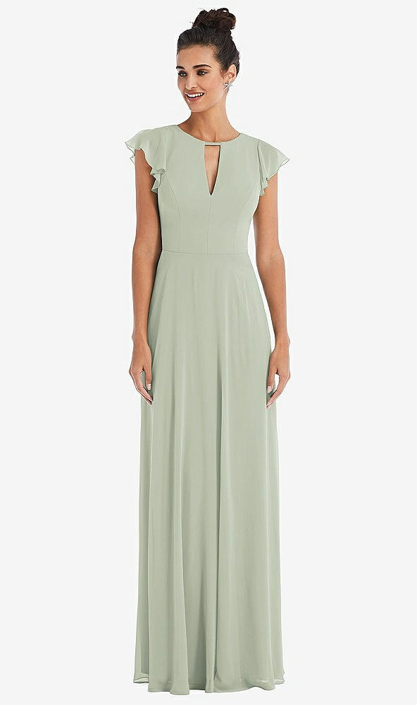 Front View - Celadon Flutter Sleeve V-Keyhole Chiffon Maxi Dress