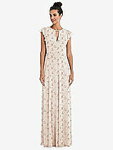 Front View Thumbnail - Coquette Floral Print Flutter Sleeve V-Keyhole Chiffon Maxi Dress