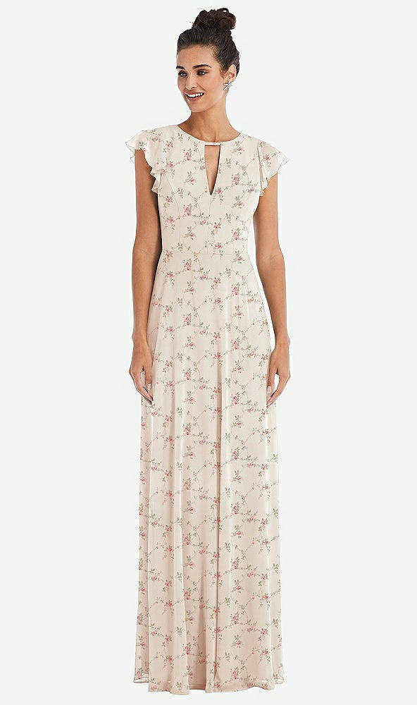 Front View - Coquette Floral Print Flutter Sleeve V-Keyhole Chiffon Maxi Dress