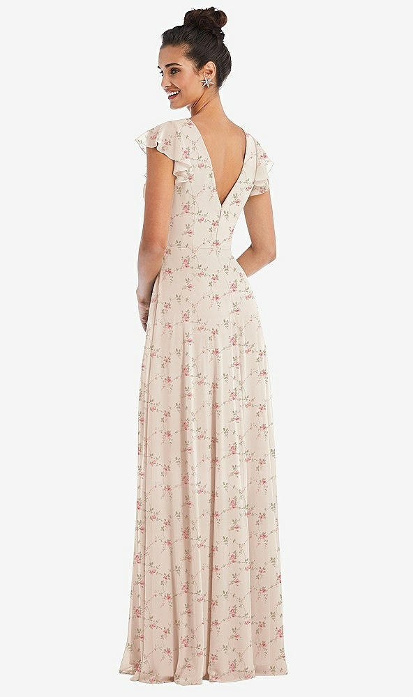 Back View - Coquette Floral Print Flutter Sleeve V-Keyhole Chiffon Maxi Dress