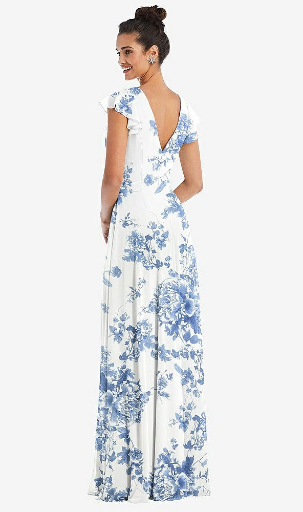 Back View - Cottage Rose Dusk Blue Flutter Sleeve V-Keyhole Chiffon Maxi Dress