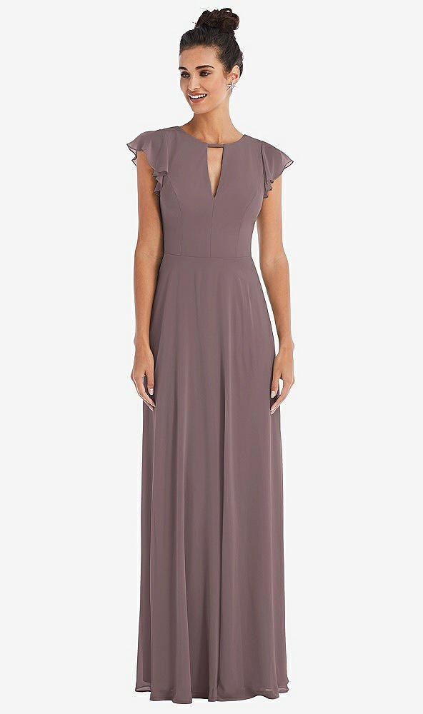 Front View - French Truffle Flutter Sleeve V-Keyhole Chiffon Maxi Dress