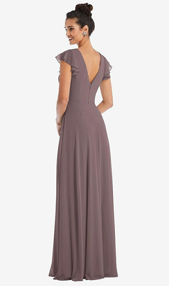 Back View - French Truffle Flutter Sleeve V-Keyhole Chiffon Maxi Dress