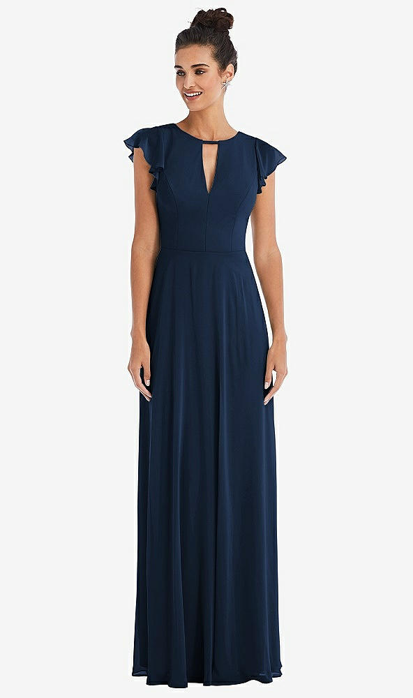 Front View - Midnight Navy Flutter Sleeve V-Keyhole Chiffon Maxi Dress