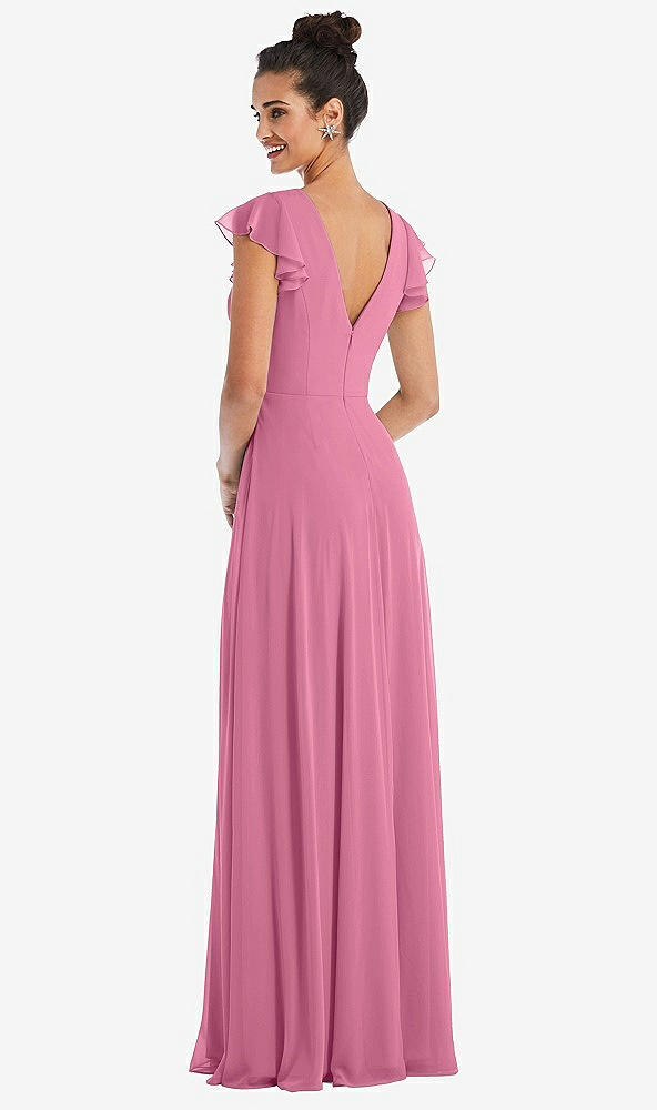 Back View - Orchid Pink Flutter Sleeve V-Keyhole Chiffon Maxi Dress