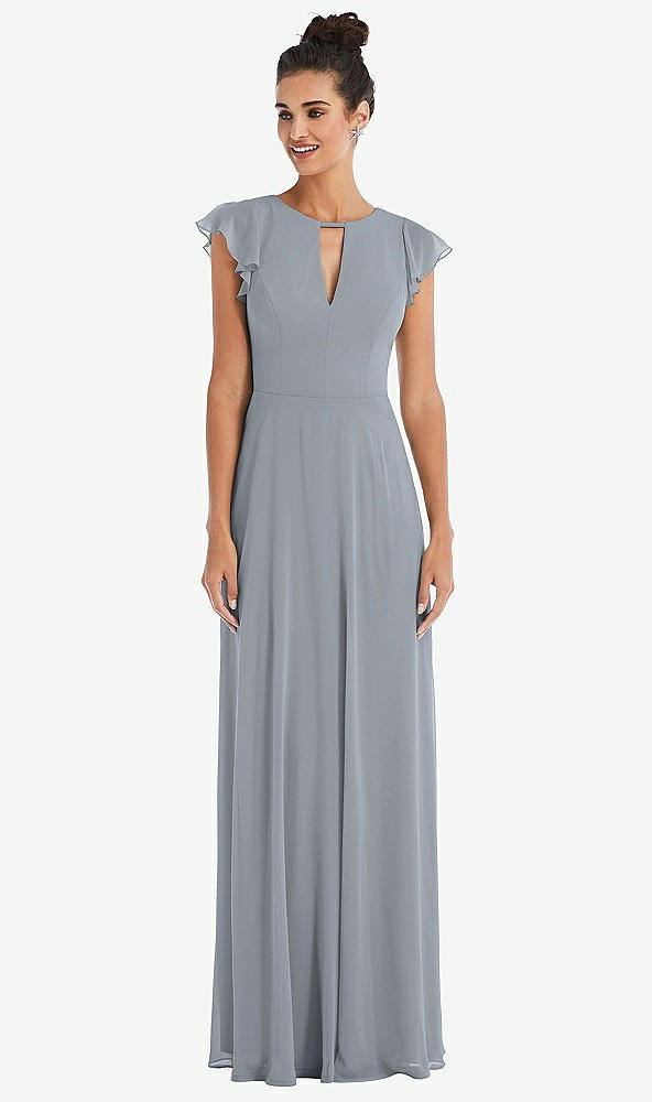 Front View - Platinum Flutter Sleeve V-Keyhole Chiffon Maxi Dress