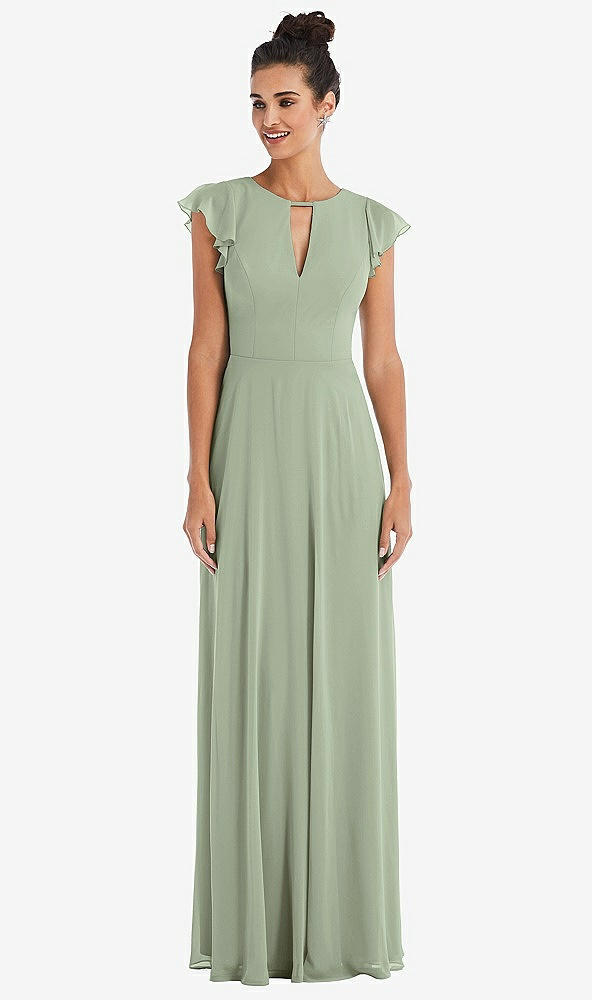 Front View - Sage Flutter Sleeve V-Keyhole Chiffon Maxi Dress