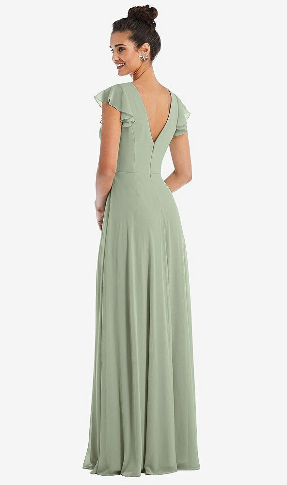 Back View - Sage Flutter Sleeve V-Keyhole Chiffon Maxi Dress