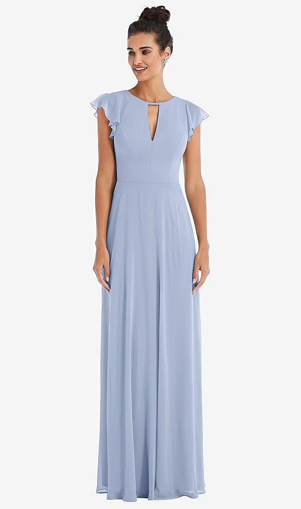 Front View - Sky Blue Flutter Sleeve V-Keyhole Chiffon Maxi Dress