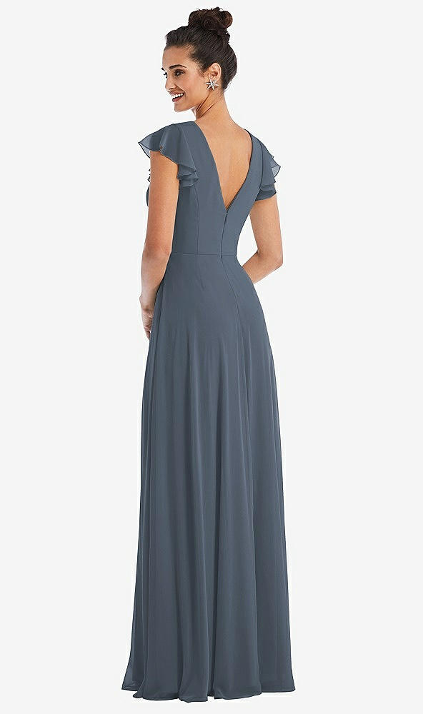 Back View - Silverstone Flutter Sleeve V-Keyhole Chiffon Maxi Dress