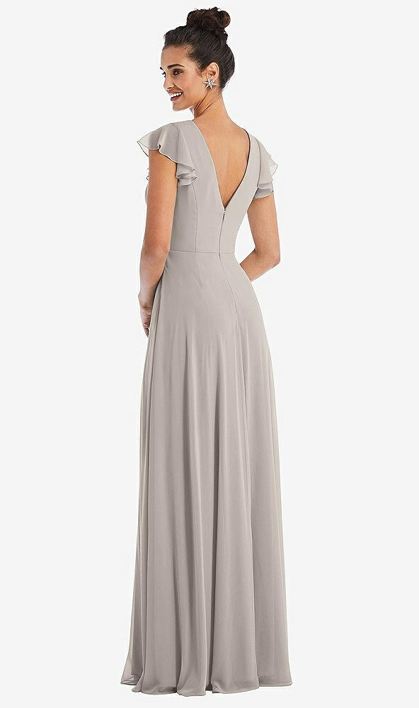 Back View - Taupe Flutter Sleeve V-Keyhole Chiffon Maxi Dress