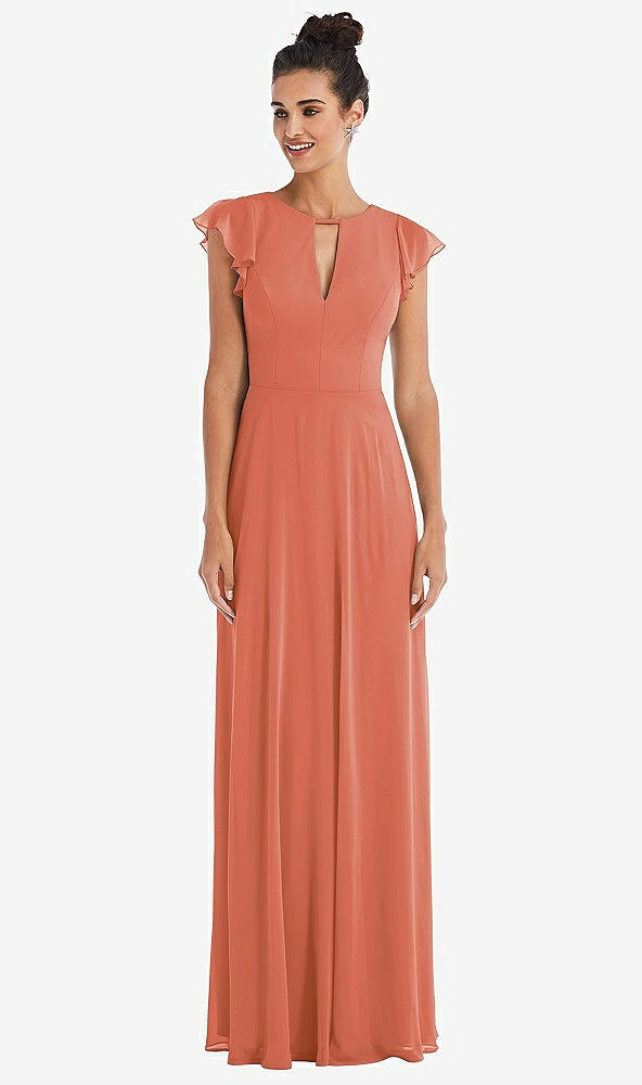 Front View - Terracotta Copper Flutter Sleeve V-Keyhole Chiffon Maxi Dress