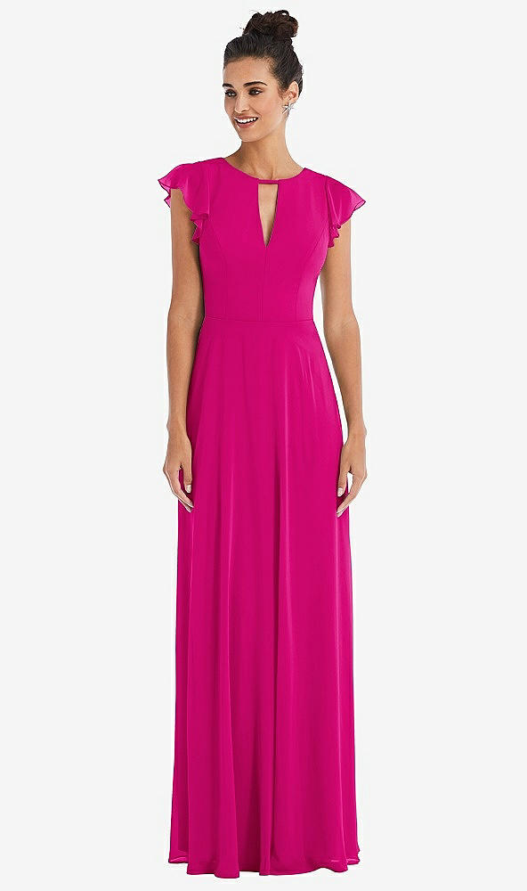 Front View - Think Pink Flutter Sleeve V-Keyhole Chiffon Maxi Dress