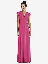 Front View Thumbnail - Tea Rose Flutter Sleeve V-Keyhole Chiffon Maxi Dress