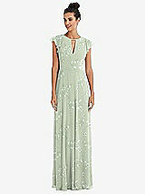 Front View Thumbnail - Vintage Primrose Sage Flutter Sleeve V-Keyhole Chiffon Maxi Dress