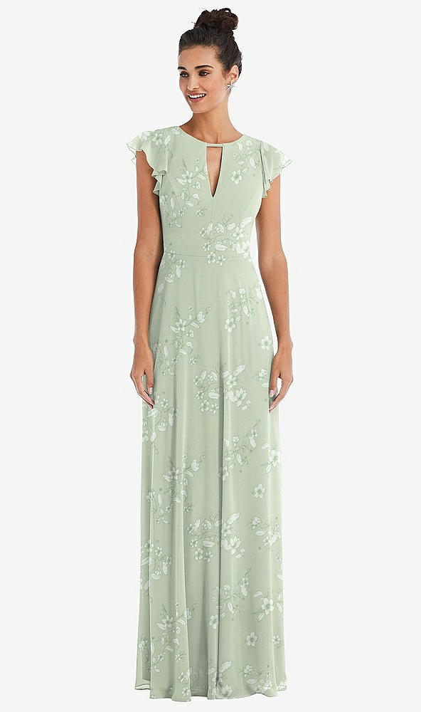 Front View - Vintage Primrose Sage Flutter Sleeve V-Keyhole Chiffon Maxi Dress