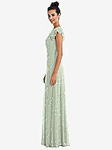 Side View Thumbnail - Vintage Primrose Sage Flutter Sleeve V-Keyhole Chiffon Maxi Dress