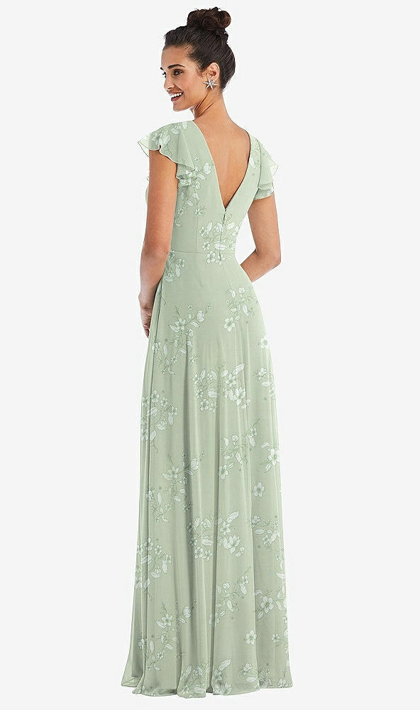 Back View - Vintage Primrose Sage Flutter Sleeve V-Keyhole Chiffon Maxi Dress