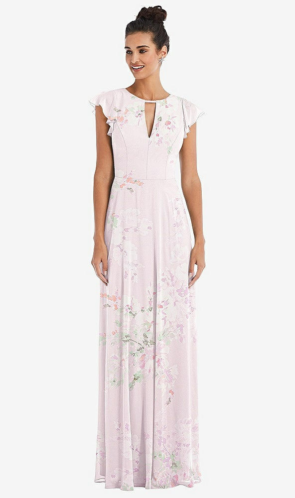 Front View - Watercolor Print Flutter Sleeve V-Keyhole Chiffon Maxi Dress