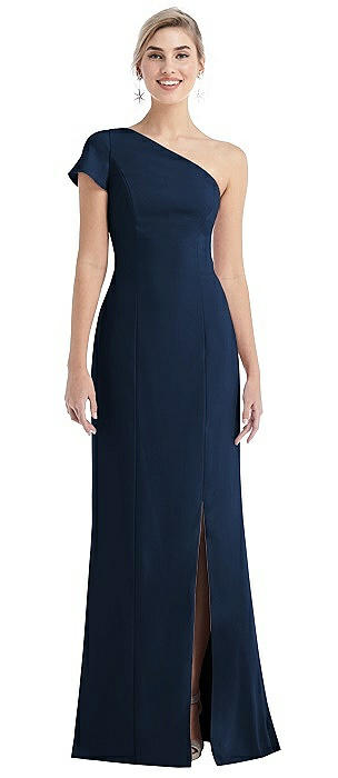 One-Shoulder Cap Sleeve Trumpet Gown with Front Slit