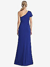 Rear View Thumbnail - Cobalt Blue One-Shoulder Cap Sleeve Trumpet Gown with Front Slit