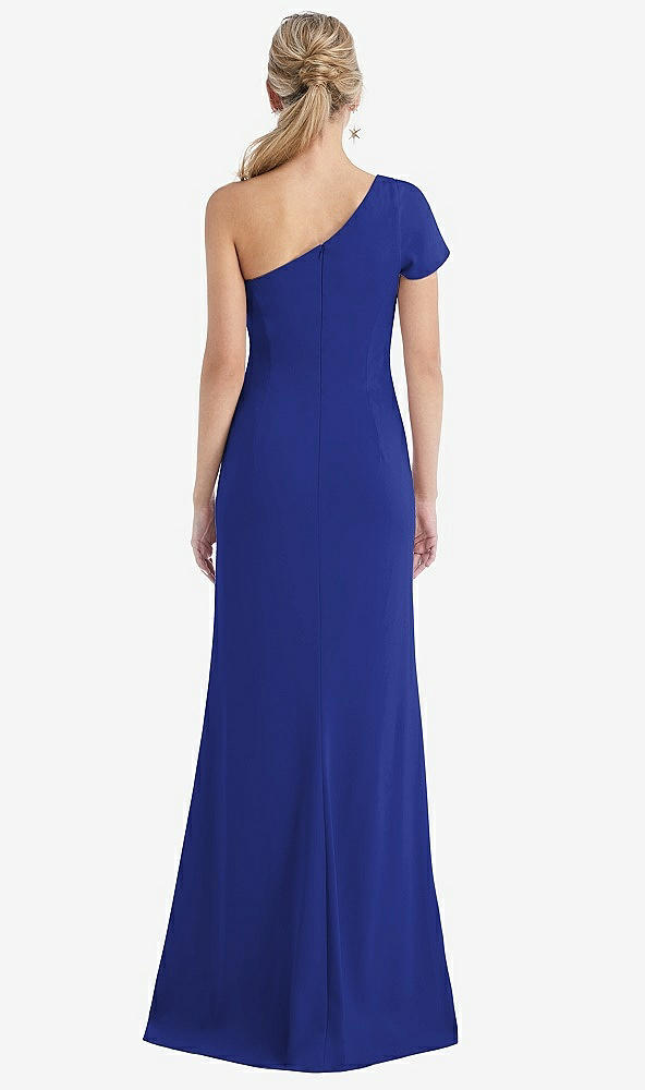 Back View - Cobalt Blue One-Shoulder Cap Sleeve Trumpet Gown with Front Slit