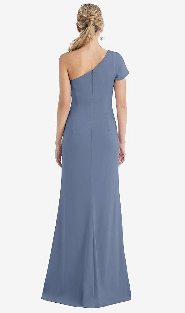 Back View - Larkspur Blue One-Shoulder Cap Sleeve Trumpet Gown with Front Slit