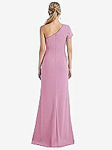 Rear View Thumbnail - Powder Pink One-Shoulder Cap Sleeve Trumpet Gown with Front Slit