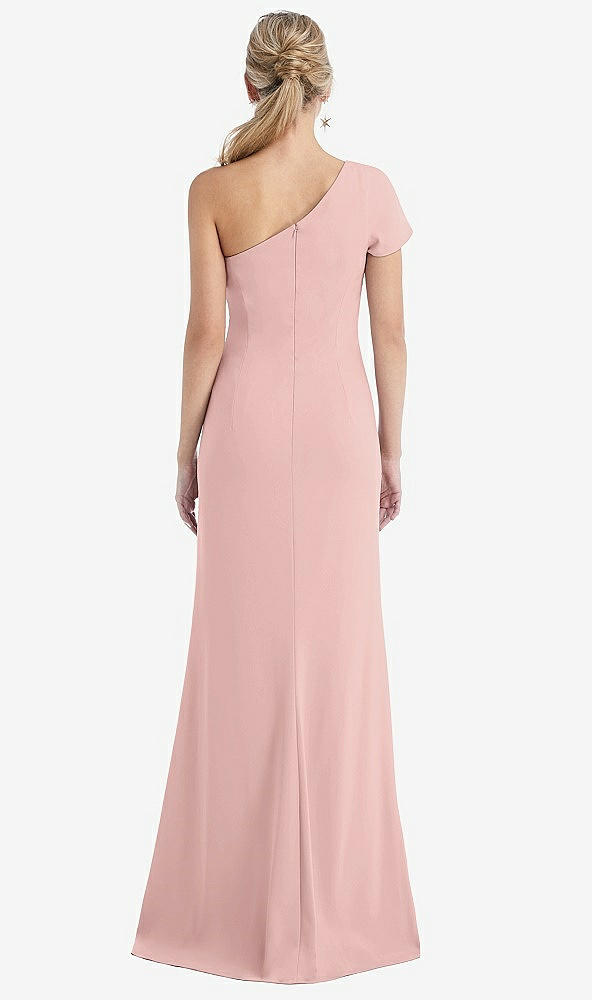 Back View - Rose - PANTONE Rose Quartz One-Shoulder Cap Sleeve Trumpet Gown with Front Slit