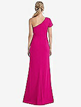 Rear View Thumbnail - Think Pink One-Shoulder Cap Sleeve Trumpet Gown with Front Slit