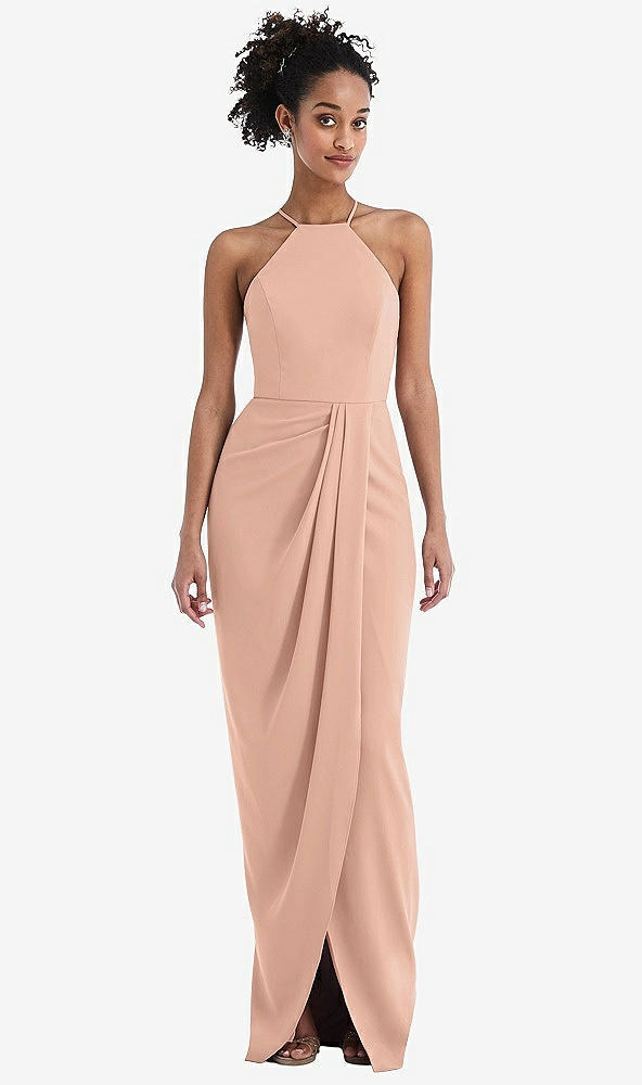 Front View - Pale Peach Halter Draped Tulip Skirt Maxi Dress