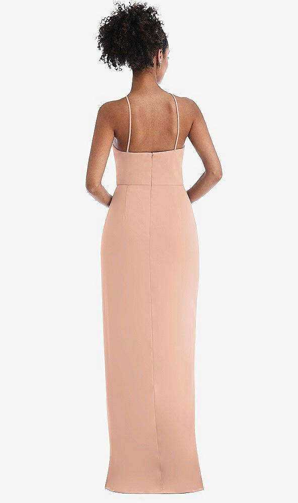 Back View - Pale Peach Halter Draped Tulip Skirt Maxi Dress