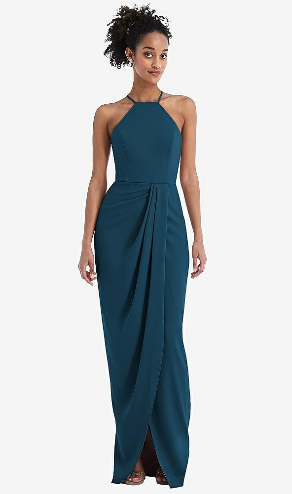 Front View - Atlantic Blue Halter Draped Tulip Skirt Maxi Dress