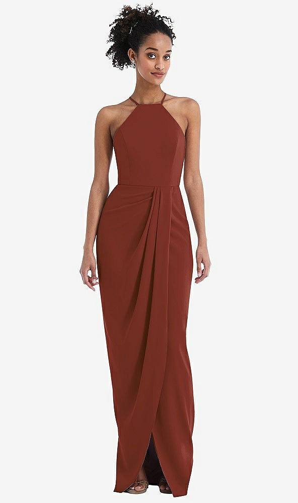 Front View - Auburn Moon Halter Draped Tulip Skirt Maxi Dress