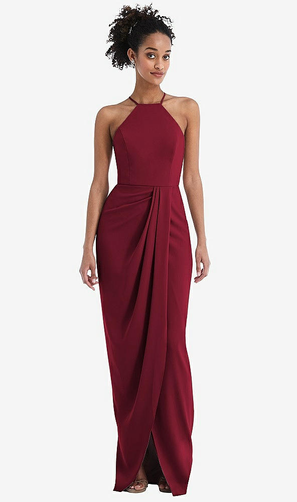 Front View - Burgundy Halter Draped Tulip Skirt Maxi Dress