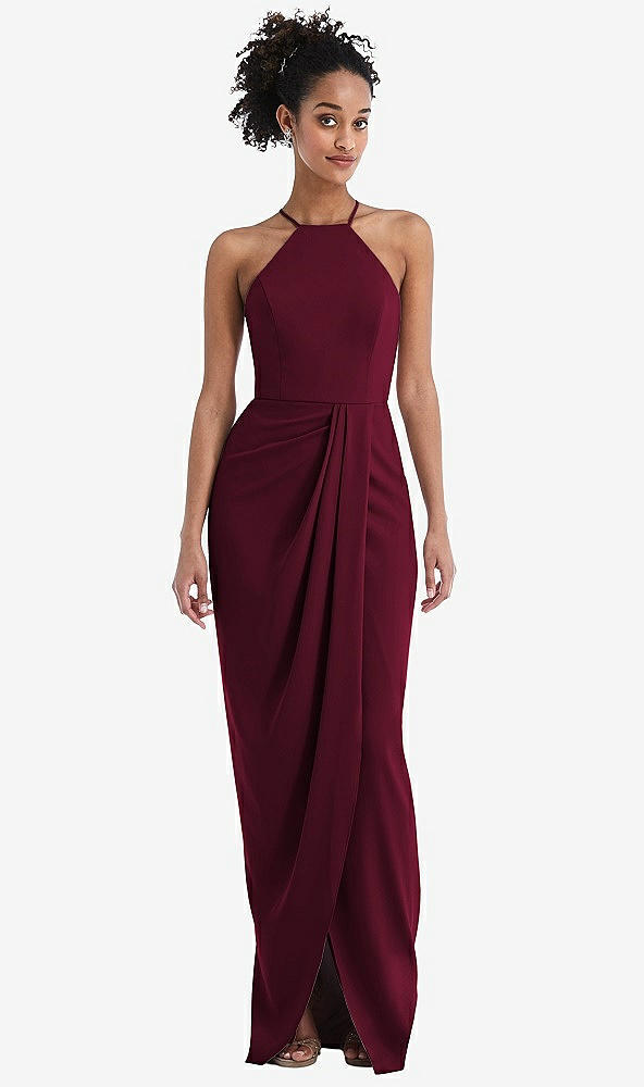 Front View - Cabernet Halter Draped Tulip Skirt Maxi Dress