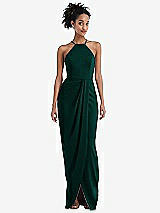 Front View Thumbnail - Evergreen Halter Draped Tulip Skirt Maxi Dress