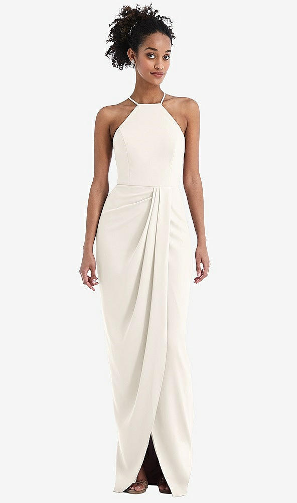 Front View - Ivory Halter Draped Tulip Skirt Maxi Dress