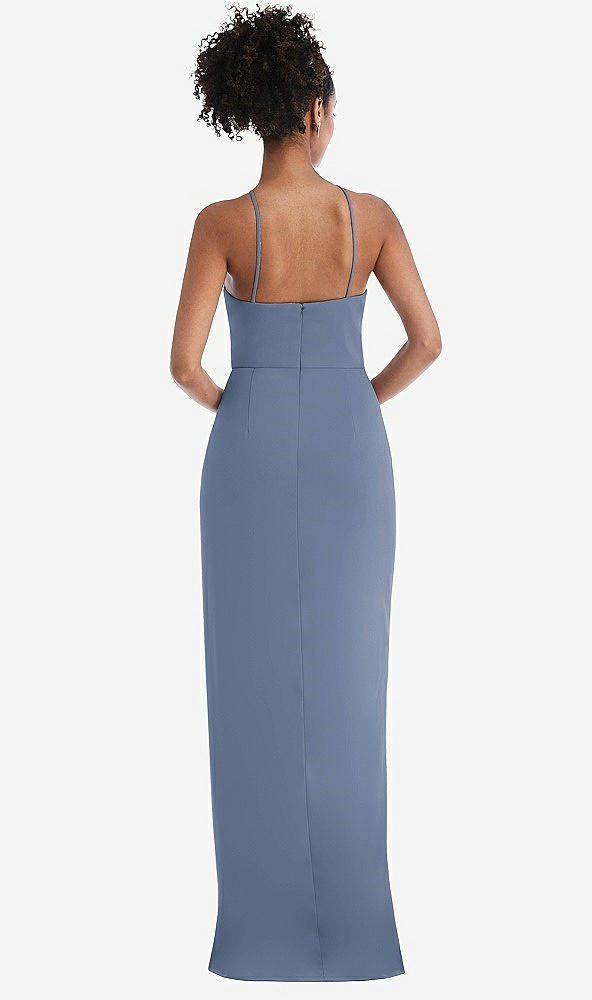 Back View - Larkspur Blue Halter Draped Tulip Skirt Maxi Dress