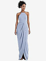 Front View Thumbnail - Sky Blue Halter Draped Tulip Skirt Maxi Dress