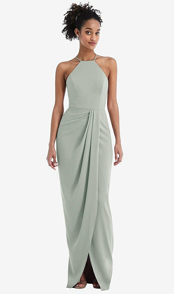 Front View - Willow Green Halter Draped Tulip Skirt Maxi Dress