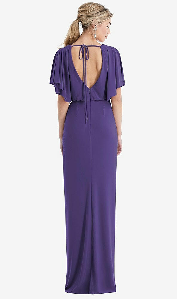 Back View - Regalia - PANTONE Ultra Violet Open-Back Three-Quarter Sleeve Draped Tulip Skirt Maxi Dress